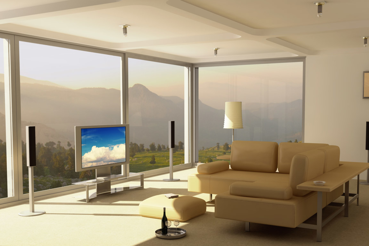 Modernes Wohnzimmer mit Fernseher und Soundanlage