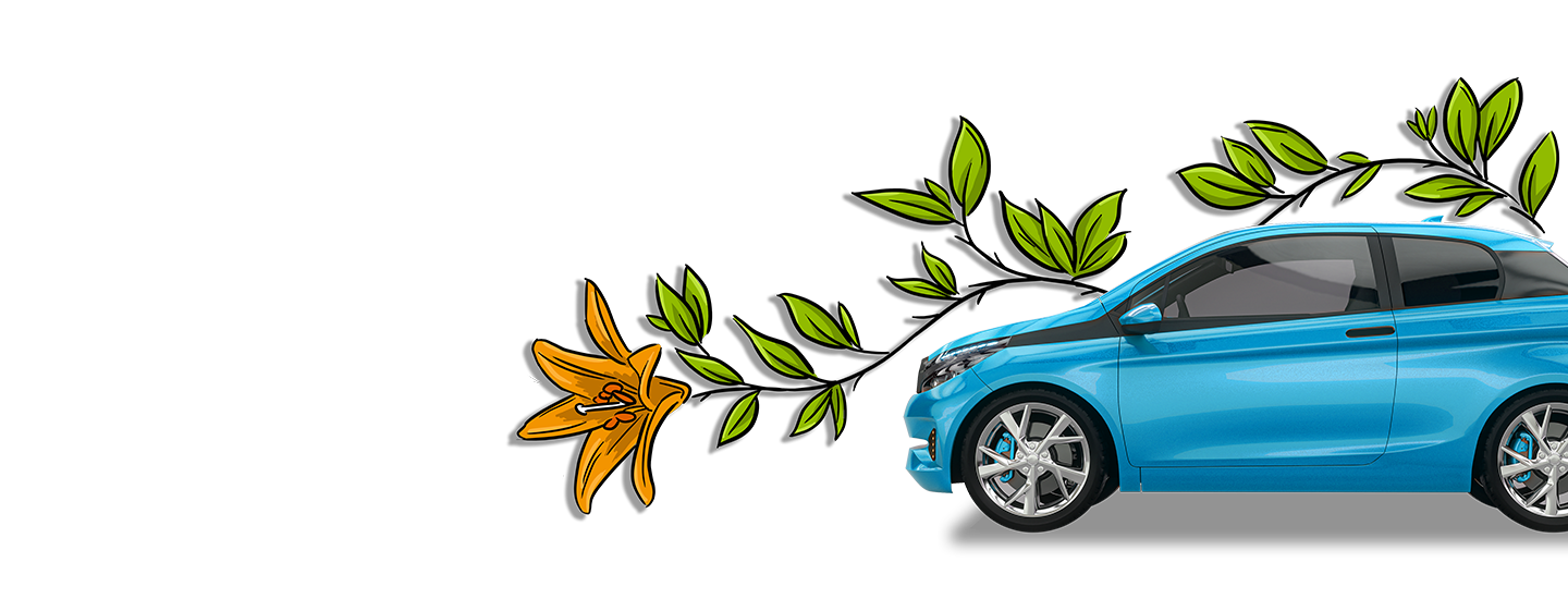 Blaues E-Auto mit einer orangenen Blume